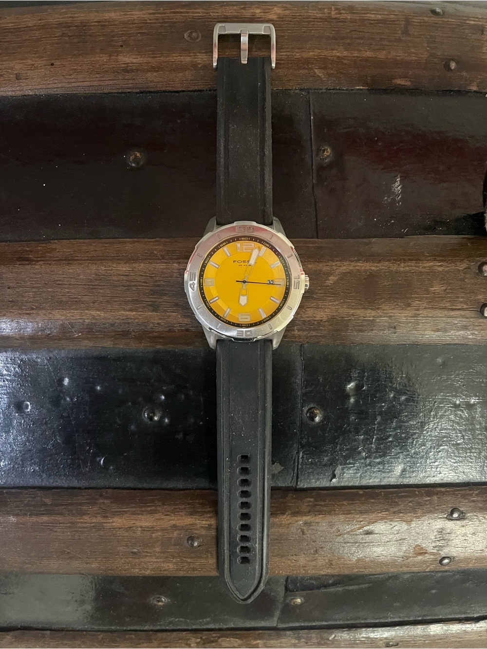 Vintage Fossil Men's Yellow Dial Watch with Black Rubber Strap
